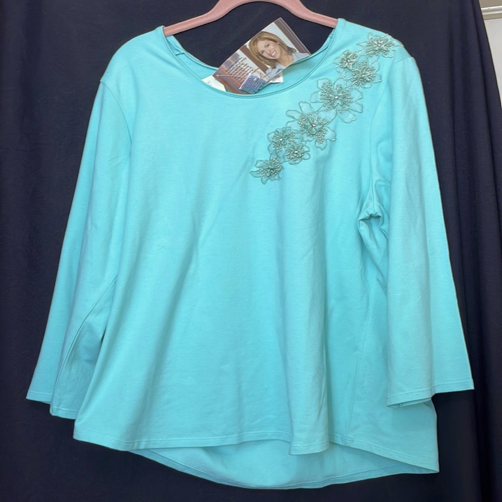 Susan Graver Style L women’s teal embellished blouse